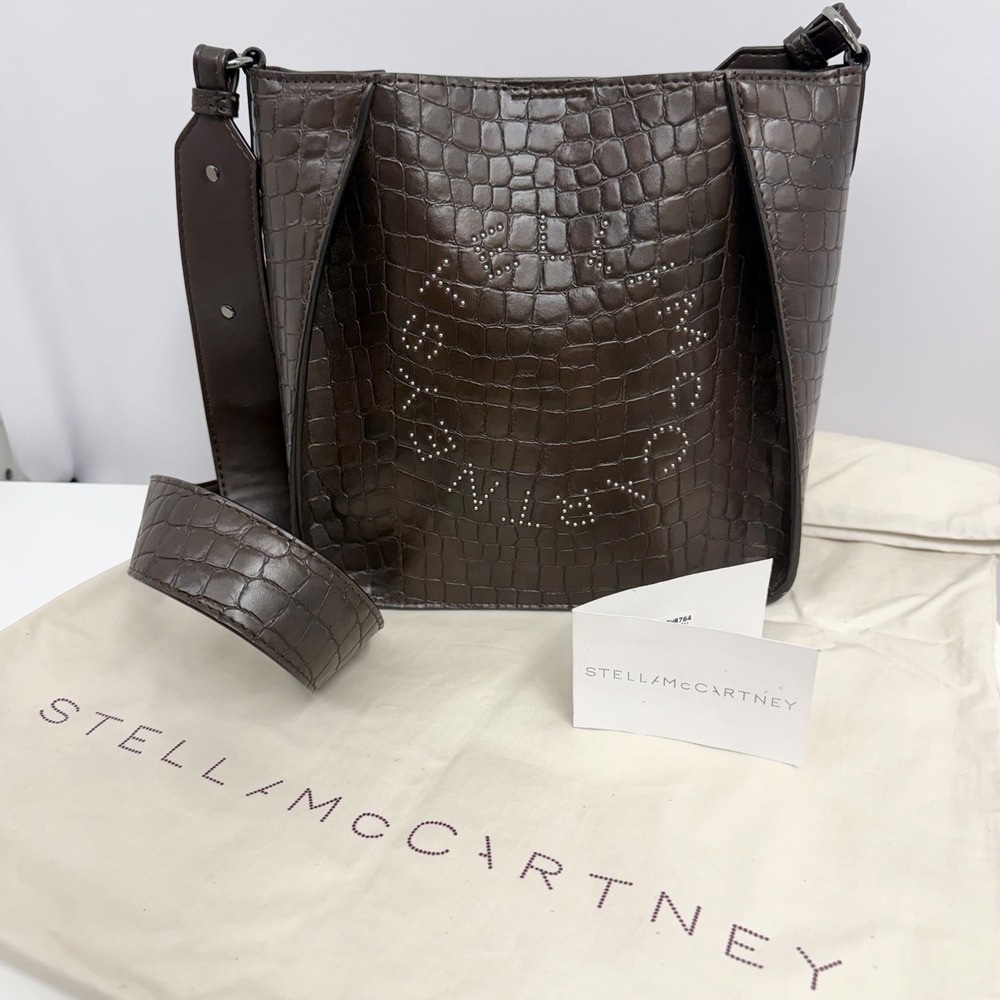 Stella McCartney Croc Embossed Vegan Leather Studded Mini Crossbody Brown $1125